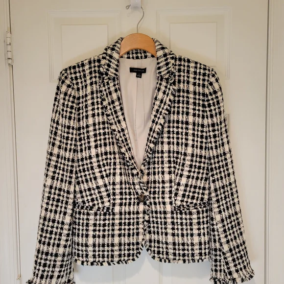 ANN TAYLOR TWEED Yellow Black and White Plaid Women's Blazer Sz 10 - Picture 4 of 15